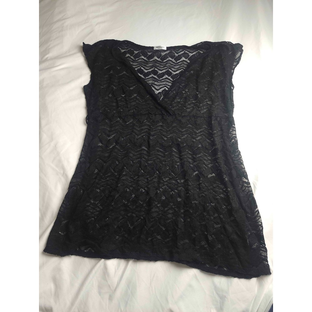 Hot Touch Blouse Womens Large Black Lace Cap Sleeve V-Neck Sheer Lightweight